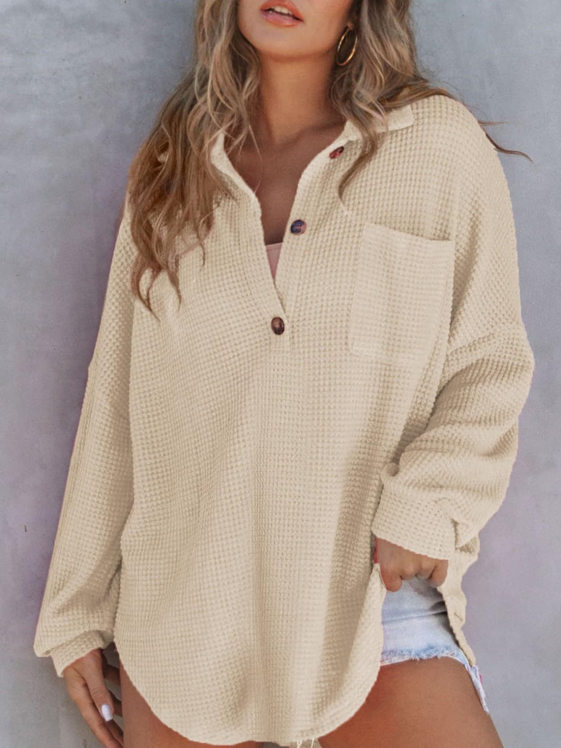 PREORDER Waffle-Knit Dropped Shoulder Long Sleeve Sweatshirt