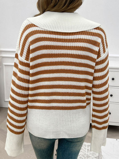 PREORDER Devine Striped Collared Neck Long Sleeve Sweater