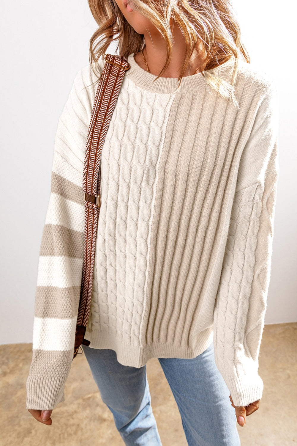 PREORDER Cable-Knit Color Block Round Neck Sweater