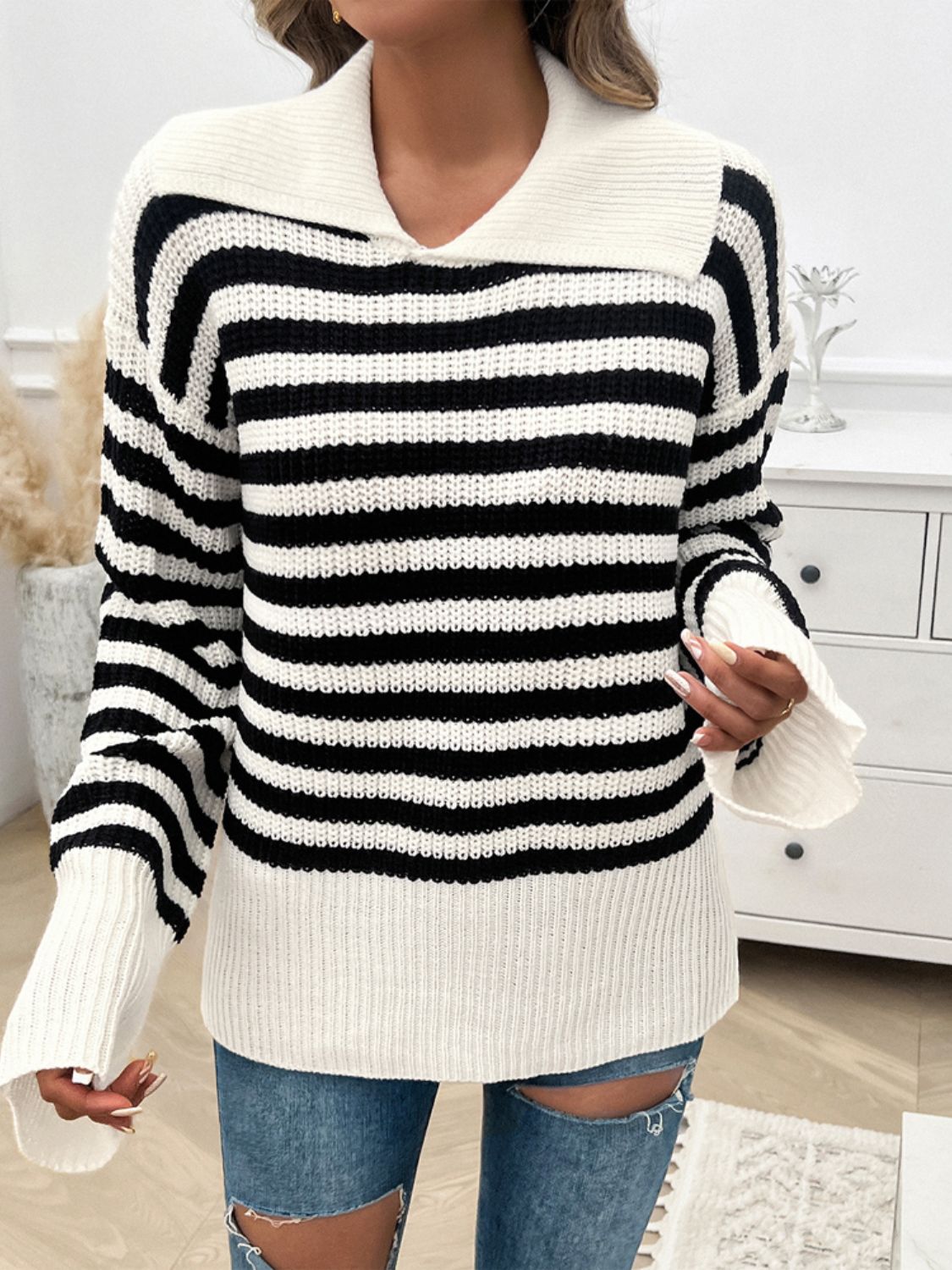 PREORDER Devine Striped Collared Neck Long Sleeve Sweater