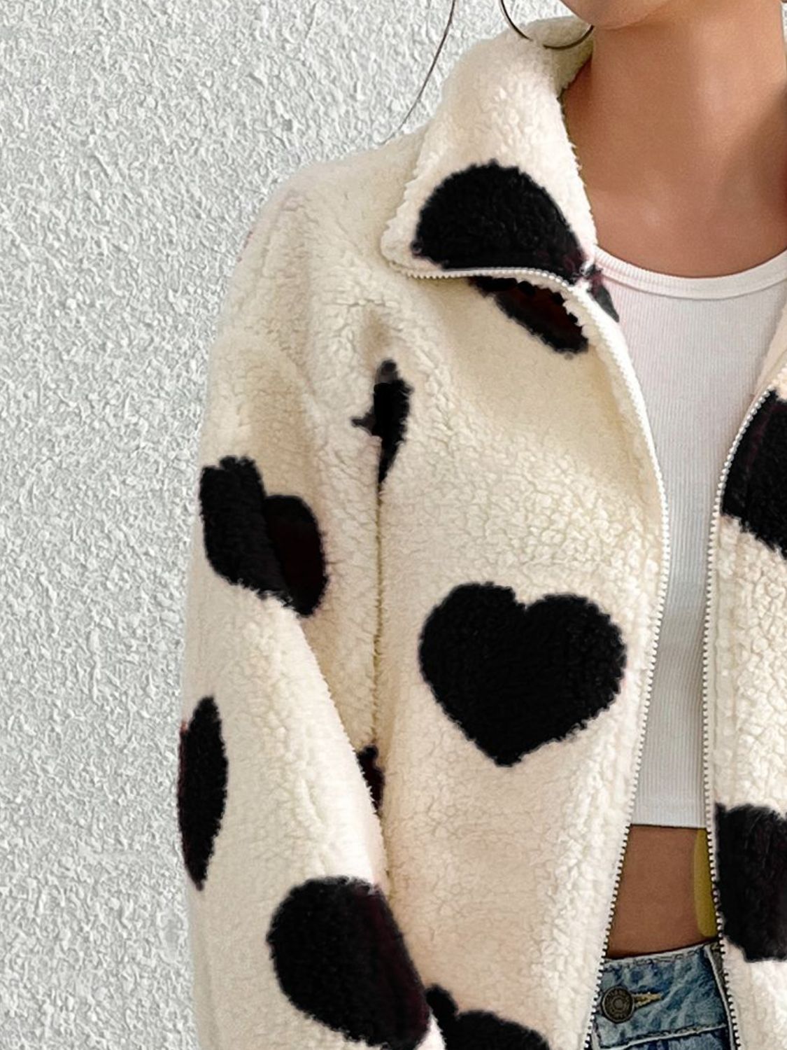 PREORDER Heart Zip Up Drop Shoulder Furry Jacket