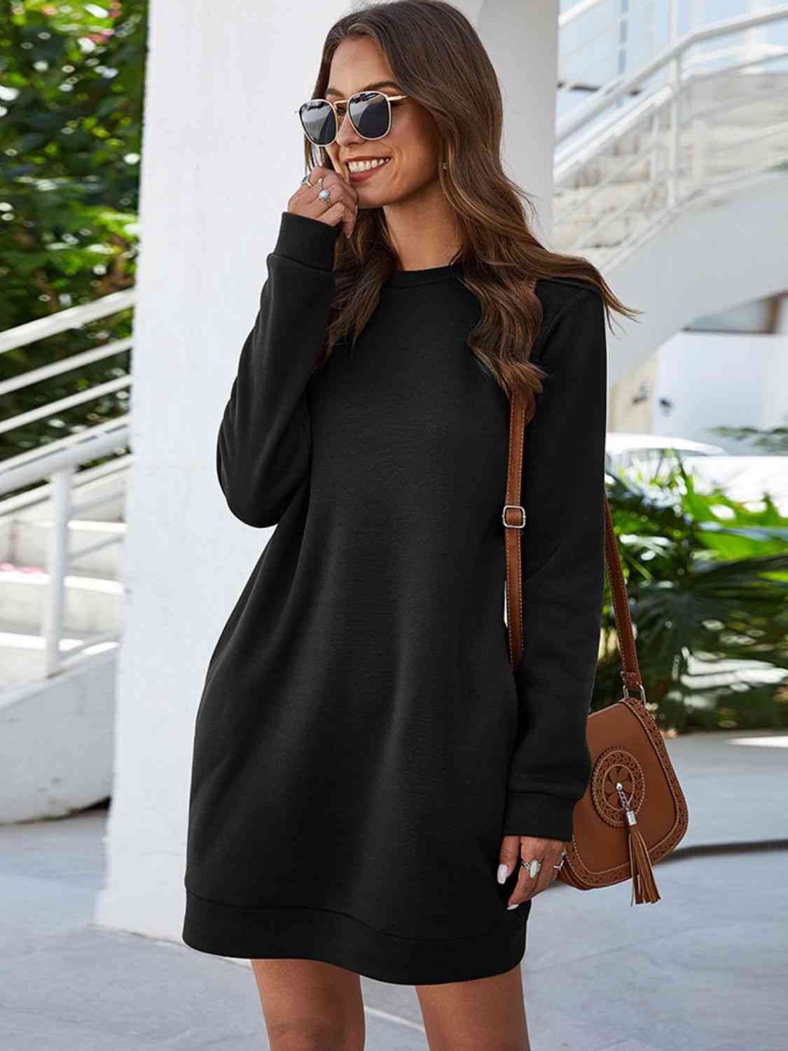 Millie Round Neck Long Sleeve Mini Dress with Pockets- 1 size Medium/Charcoal left! FINAL SALE!