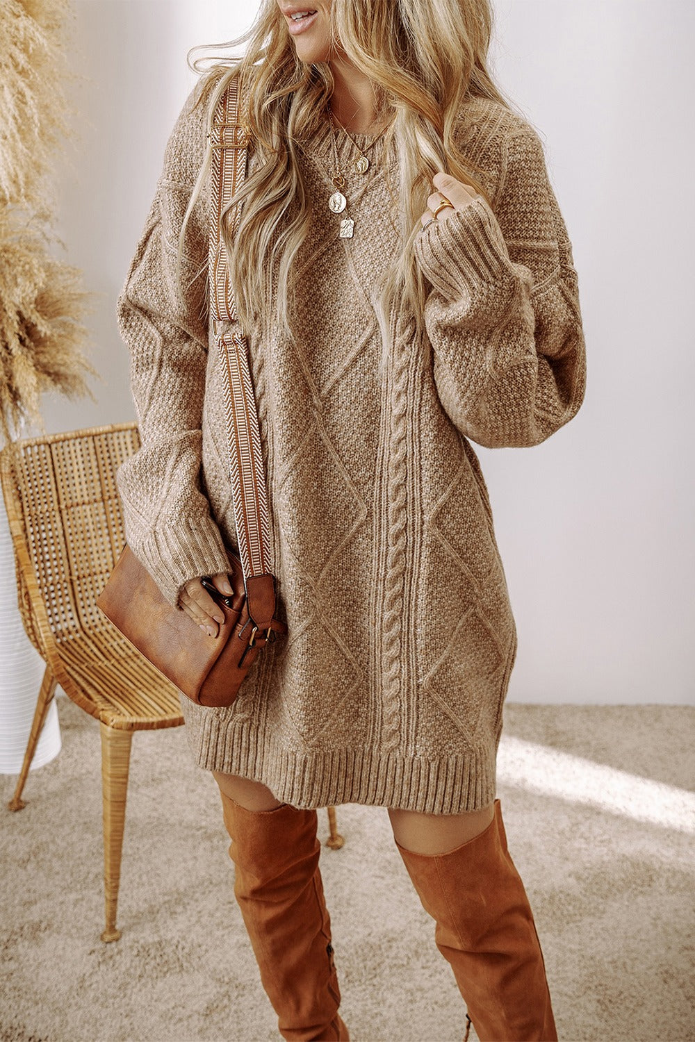 PREORDER Cable-Knit Round Neck Sweater Dress