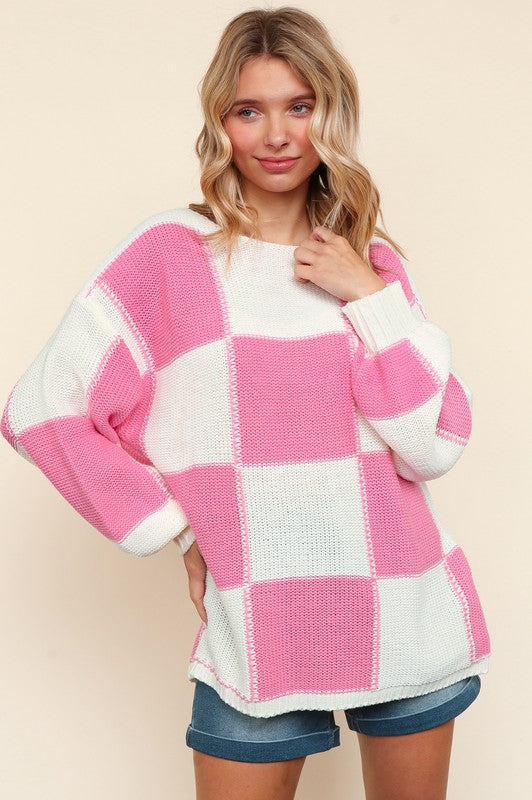 Checkered Round Neck Drop Shoulder Sweater