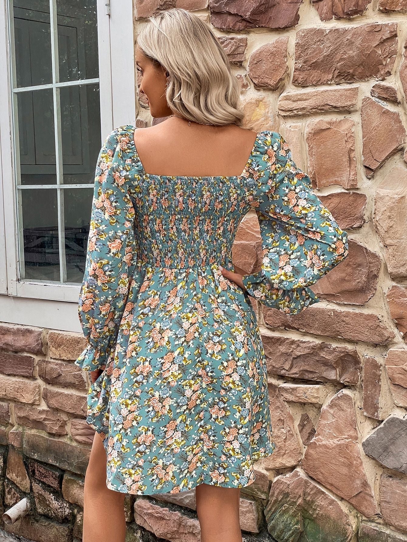 Diana Floral Smocked Flounce Sleeve Square Neck Dress- 1 size Small/Turquoise left! FINAL SALE!