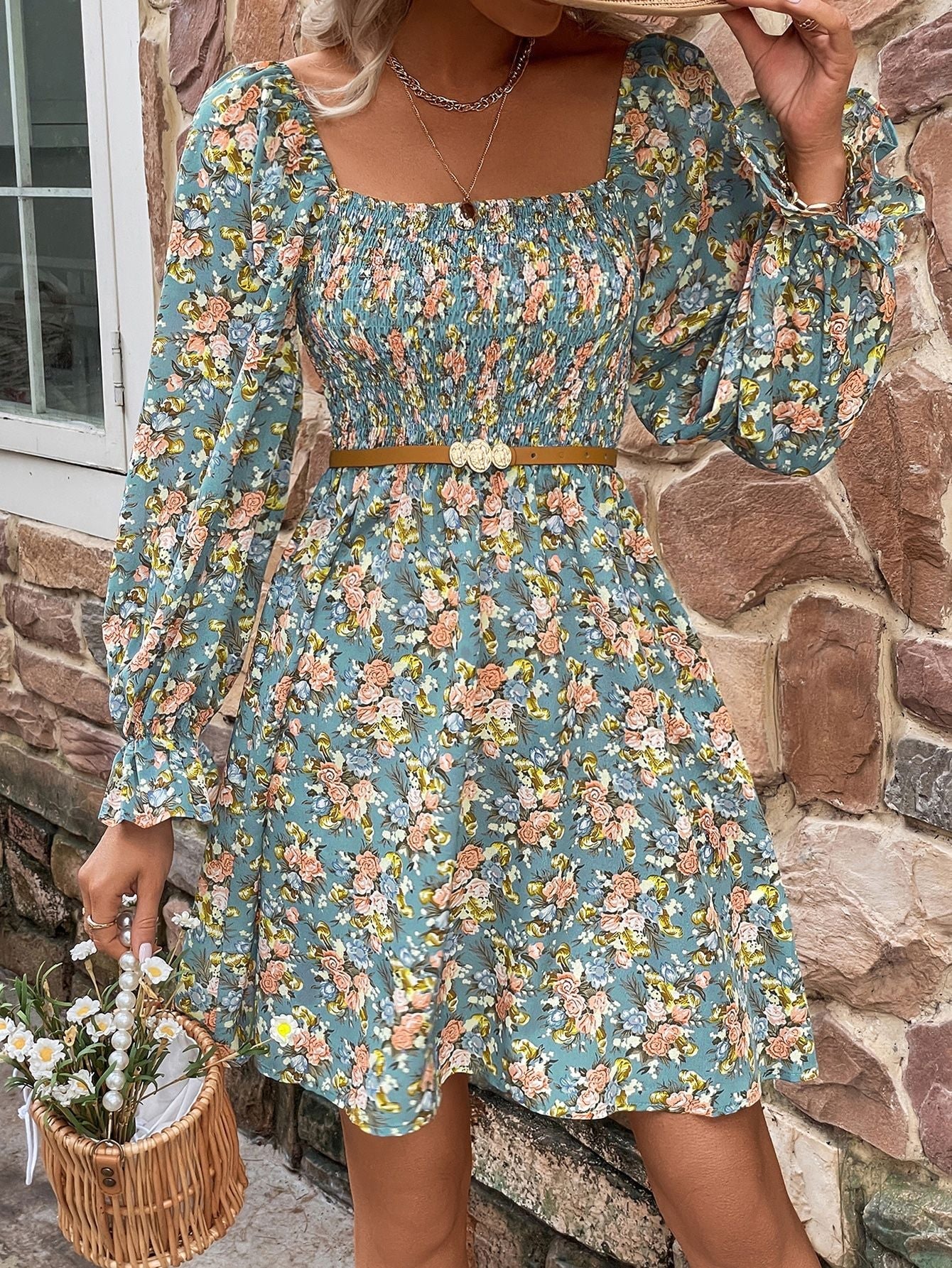 Diana Floral Smocked Flounce Sleeve Square Neck Dress- 1 size Small/Turquoise left! FINAL SALE!