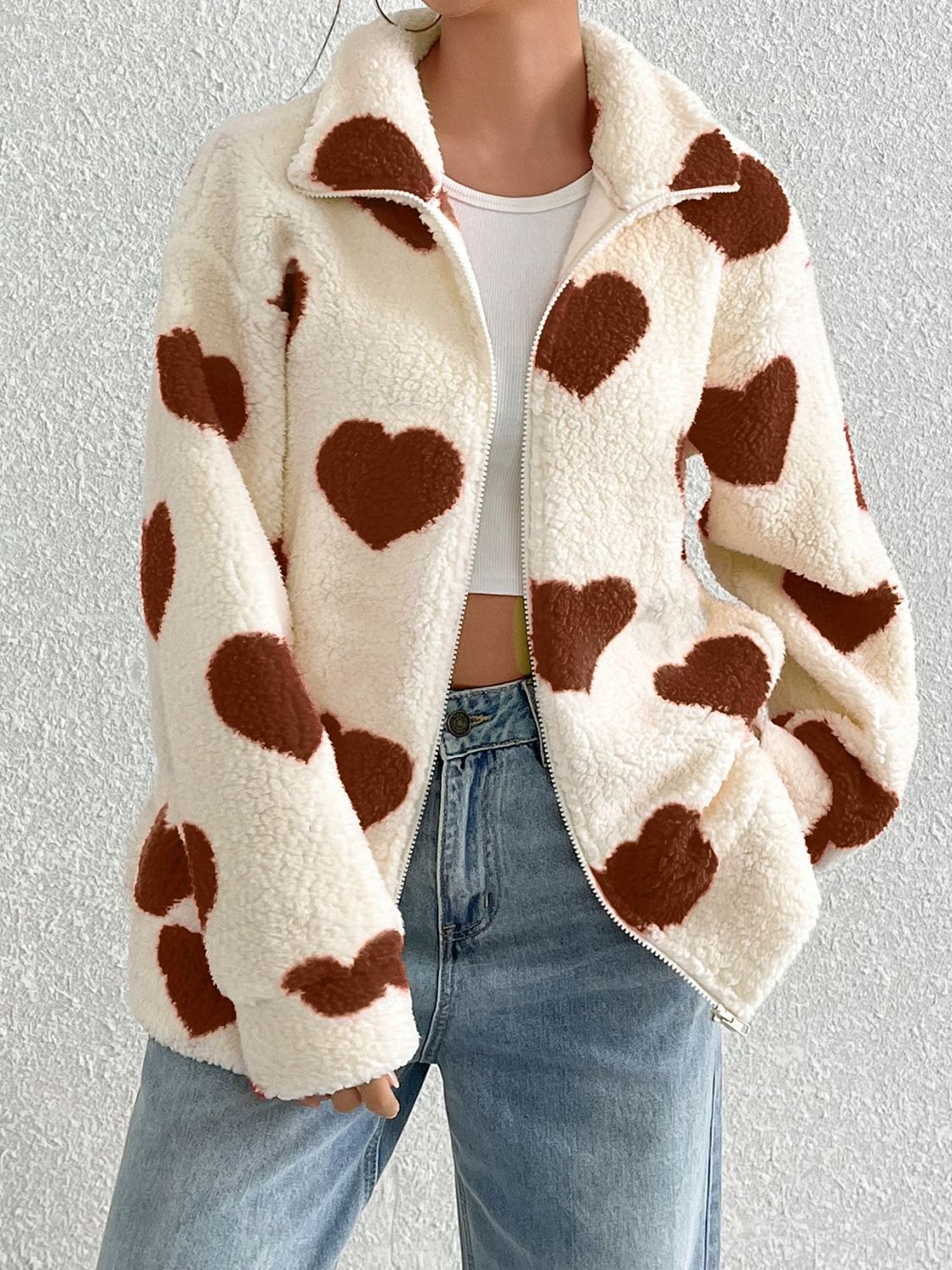 PREORDER Heart Zip Up Drop Shoulder Furry Jacket