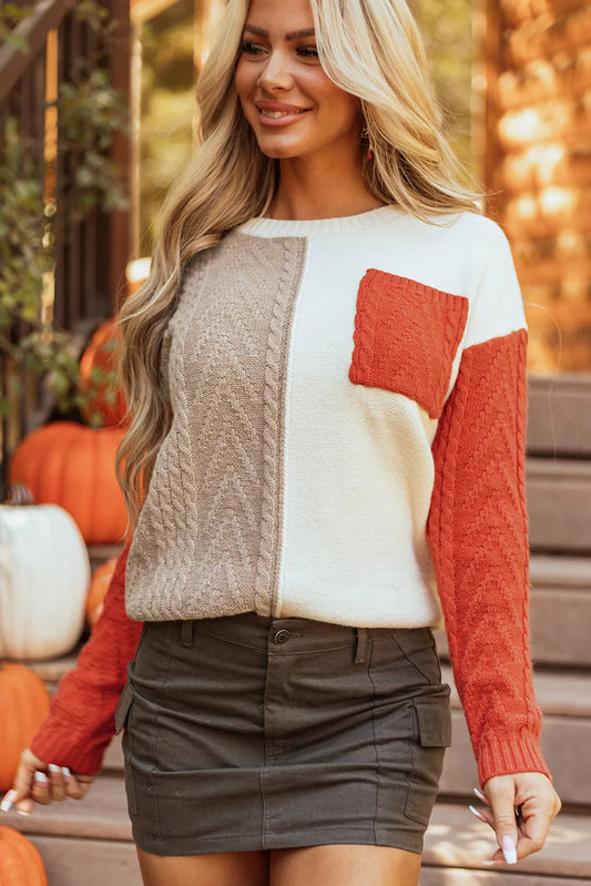 PREORDER Color Block Round Neck Long Sleeve Sweater