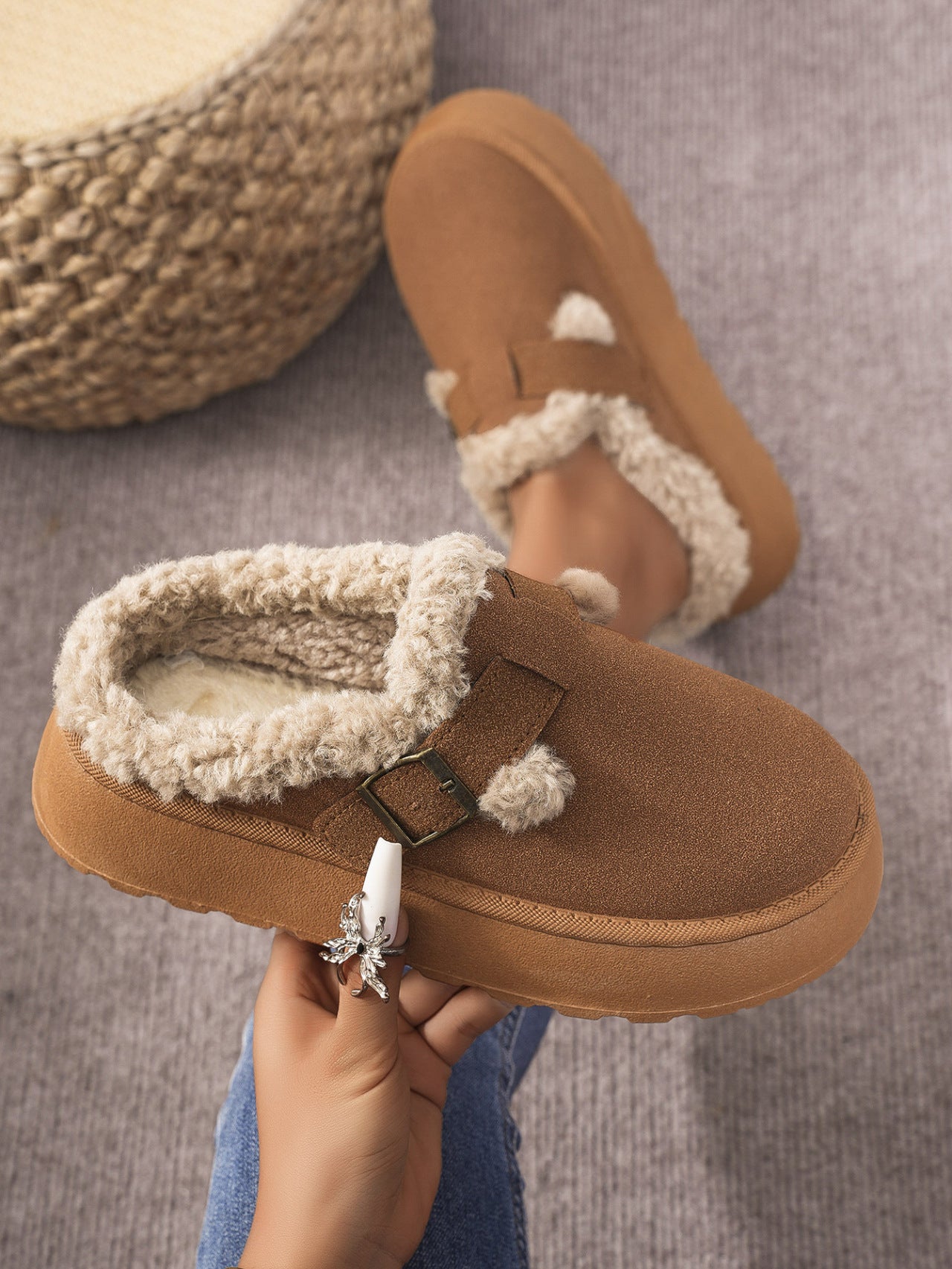 PREORDER Thermal Fuzzy Buckle Platform Slippers