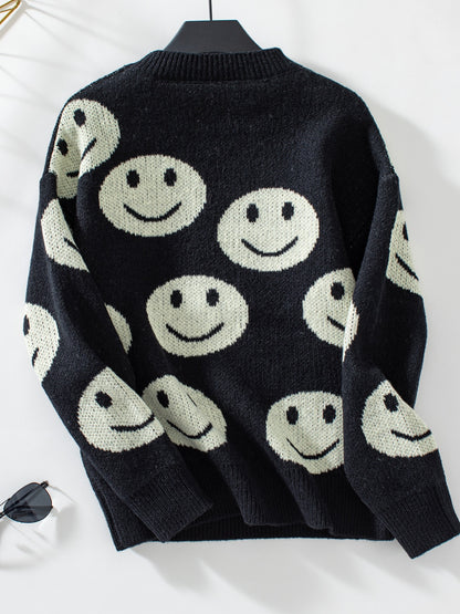 PREORDER Smile Pattern Round Neck Long Sleeve Sweater