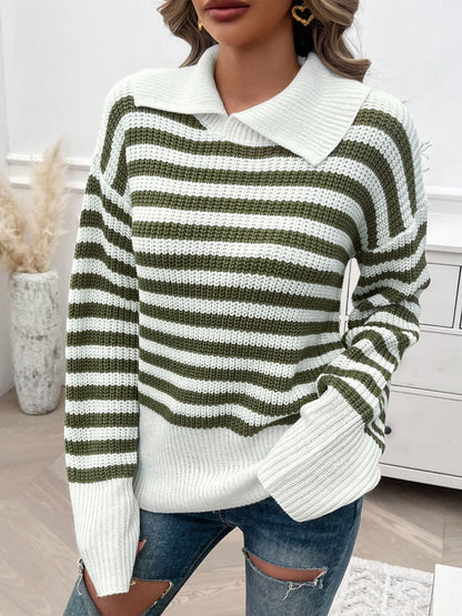 PREORDER Devine Striped Collared Neck Long Sleeve Sweater