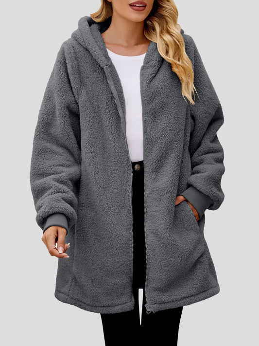 PREORDER Fuzzy Pocketed Zip Up Long Sleeve Hooded Jacket