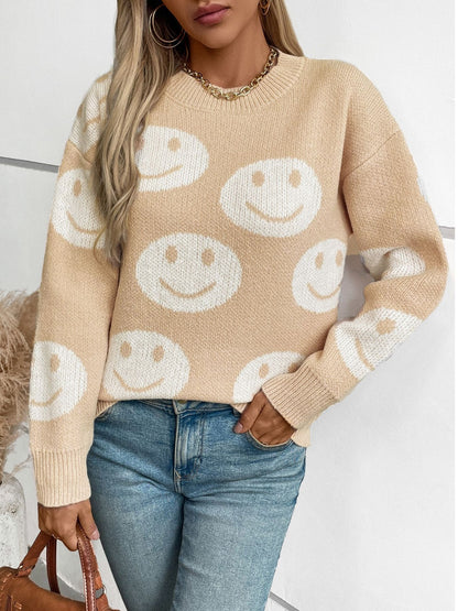 PREORDER Smile Pattern Round Neck Long Sleeve Sweater