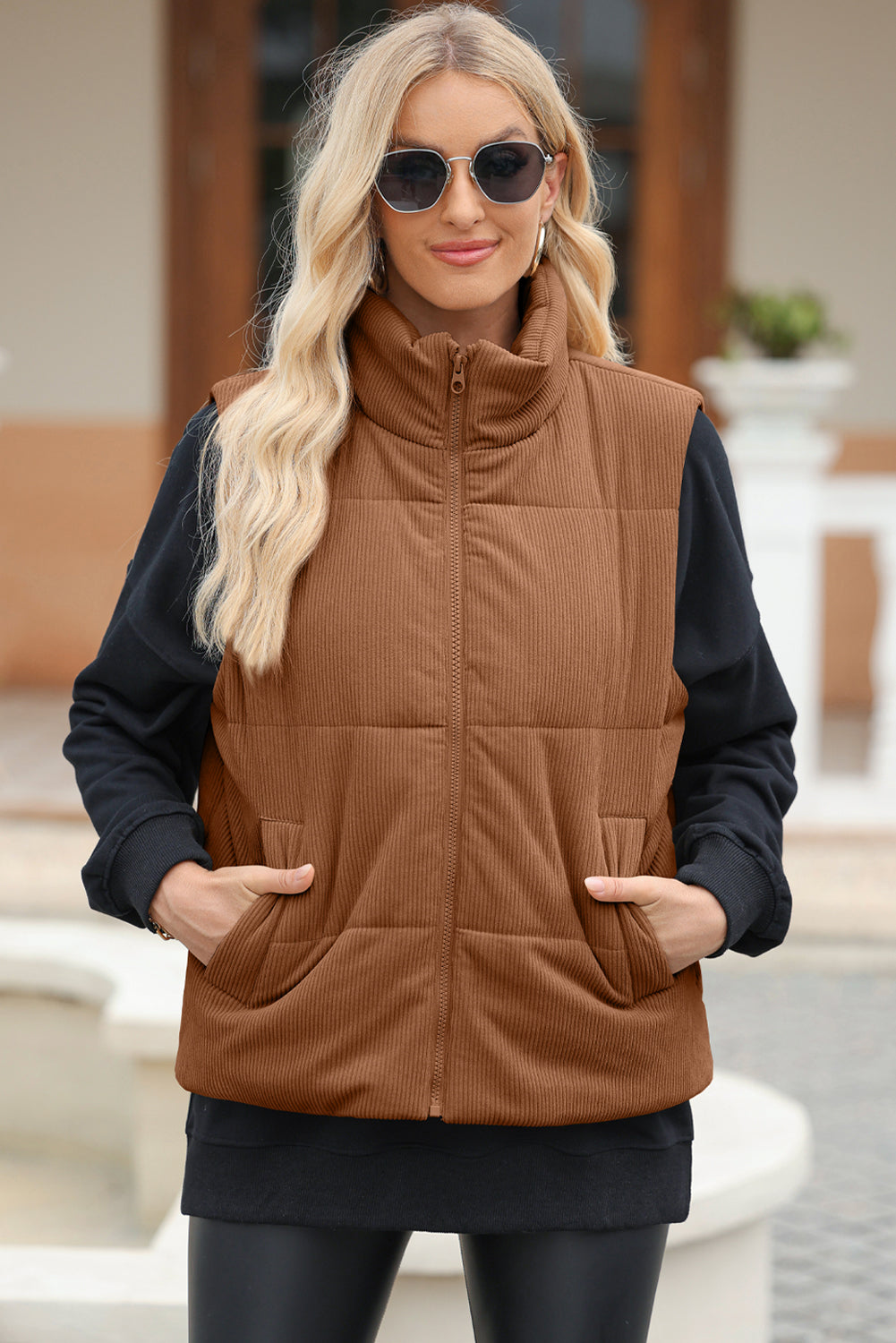 PREORDER Pocketed Zip Up Turtleneck Vest Coat