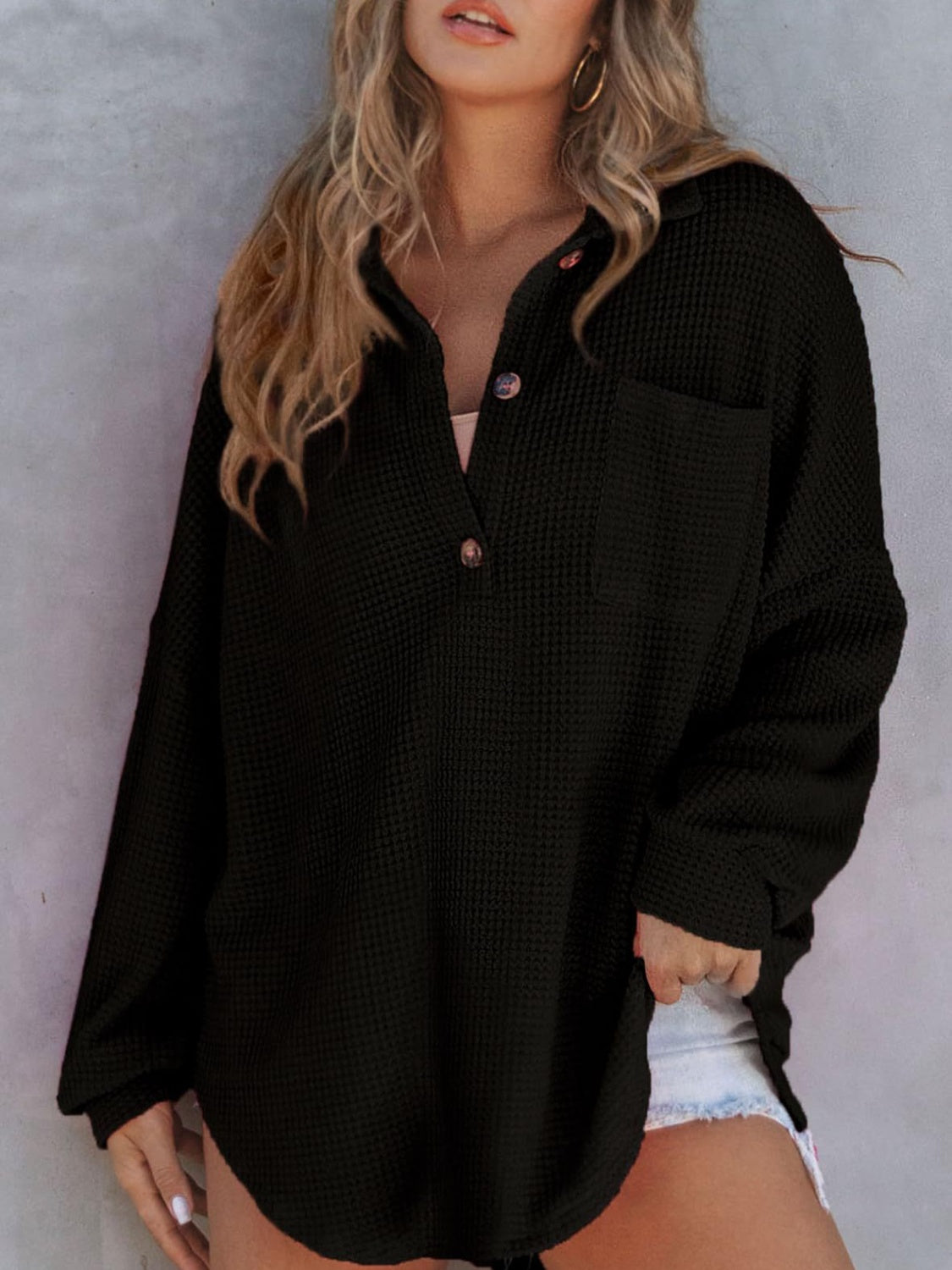 PREORDER Waffle-Knit Dropped Shoulder Long Sleeve Sweatshirt