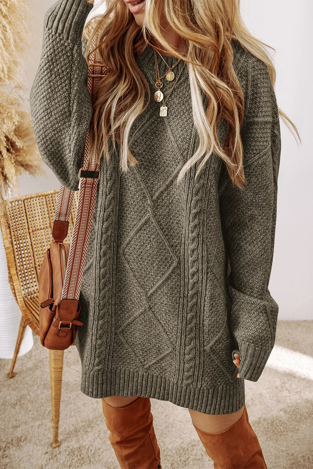 PREORDER Cable-Knit Round Neck Sweater Dress