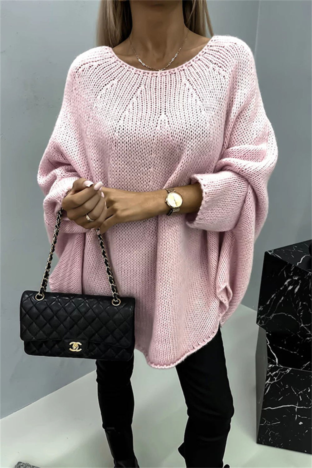 Trendsi PREORDER Round Neck Batwing Sleeve Sweater Blush Pink S M