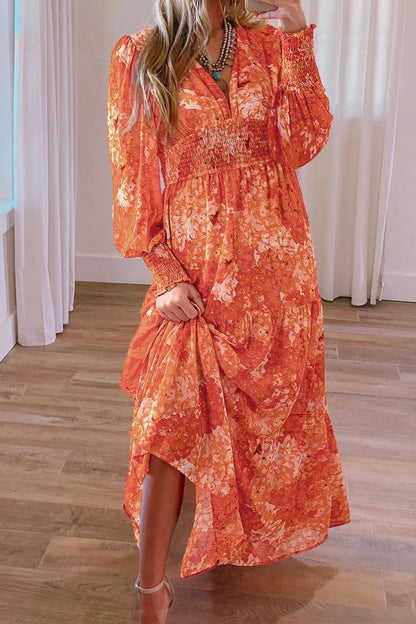 PREORDER Smocked Printed V-Neck Long Sleeve Dress