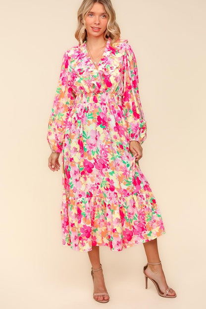 Floral Surplice Balloon Sleeve Dress with Side Pockets