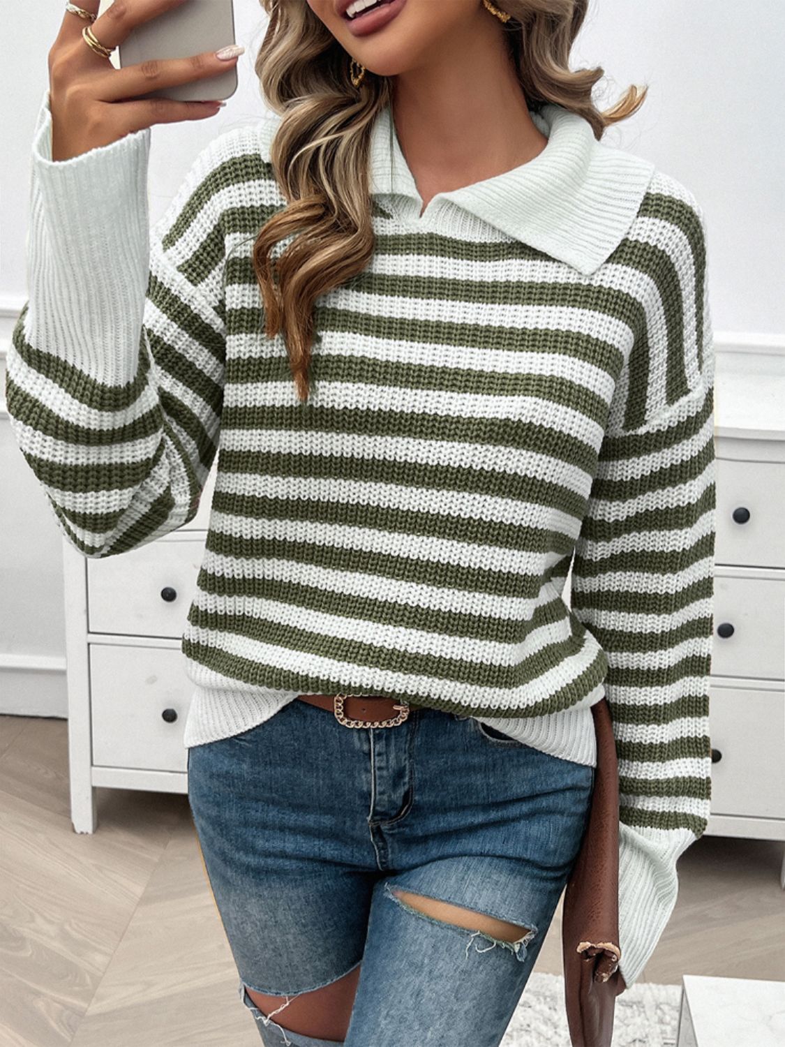 PREORDER Devine Striped Collared Neck Long Sleeve Sweater