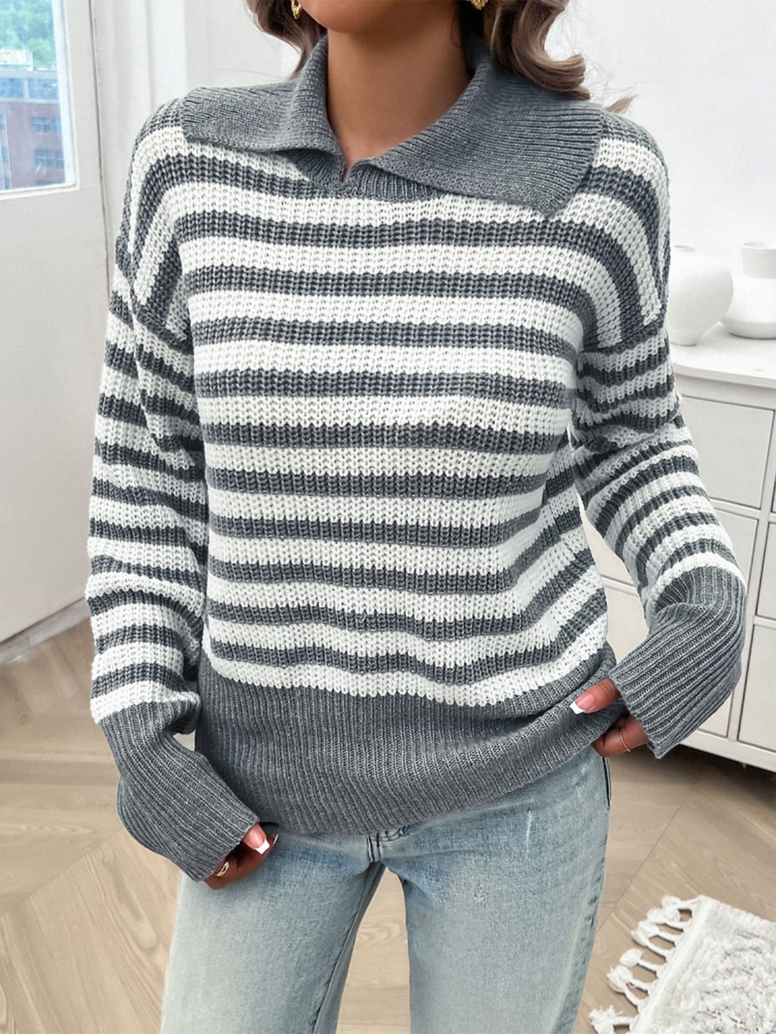 PREORDER Devine Striped Collared Neck Long Sleeve Sweater