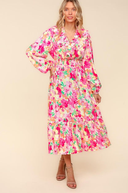 Floral Surplice Balloon Sleeve Dress with Side Pockets