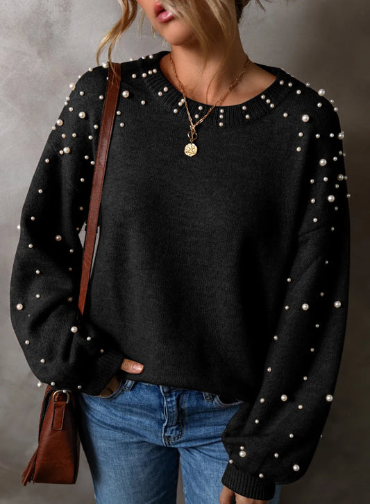 PREORDER Pearl Detail Round Neck Long Sleeve Sweater