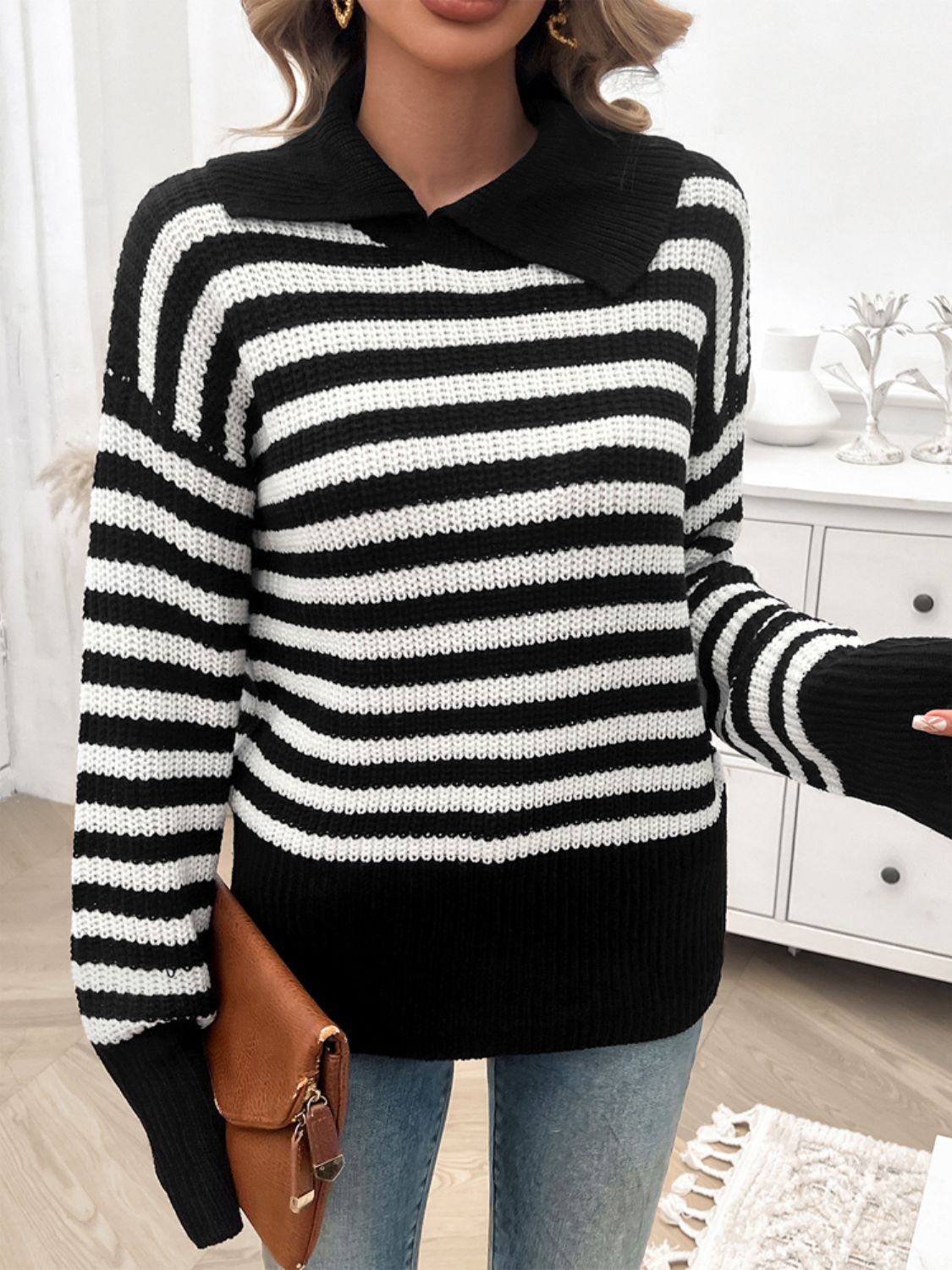 PREORDER Devine Striped Collared Neck Long Sleeve Sweater