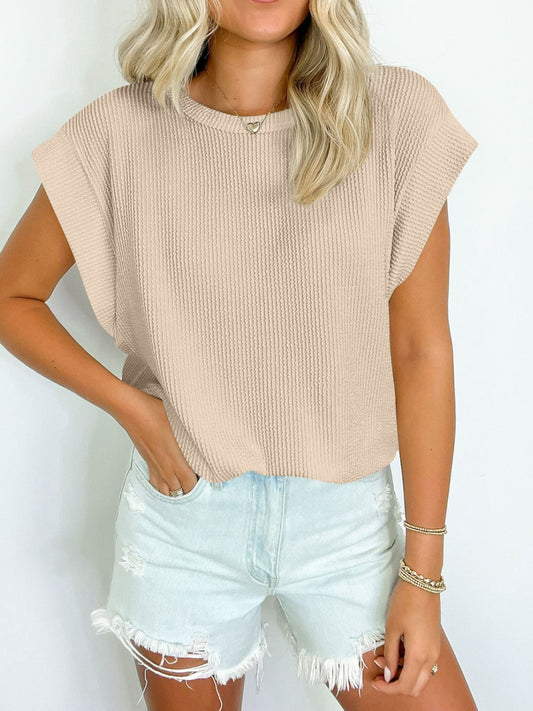 PREORDER Textured Round Neck Cap Sleeve Blouse