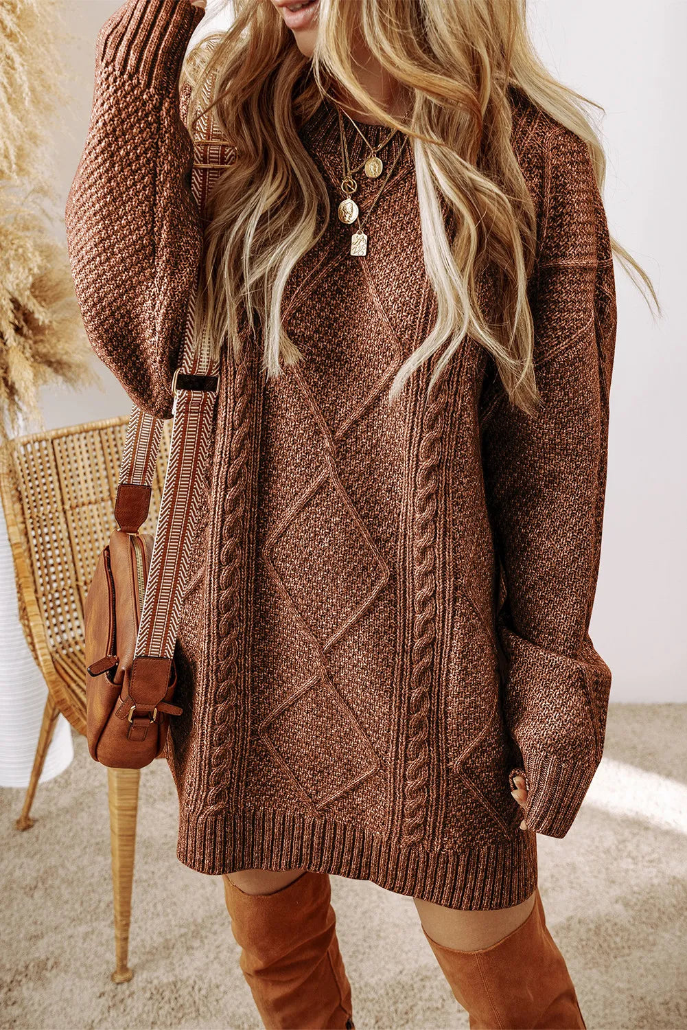 PREORDER Cable-Knit Round Neck Sweater Dress