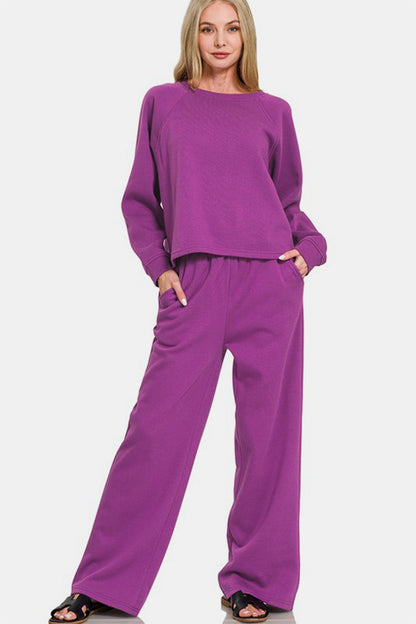 Round Neck Raglan Sleeve Top and Elastic Waist Pants Set