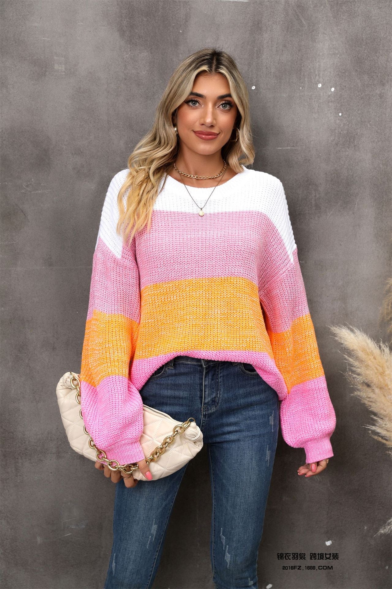 Crystal Color Block Round Neck Dropped Shoulder Sweater- 1 Small/Fuchsia Pink left! FINAL SALE!