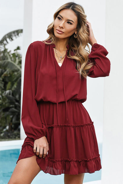 PREORDER Tied Frill Trim Puff Sleeve Mini Dress