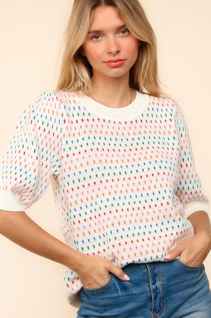 Round Neck Half Sleeve Multi Color Knit Top