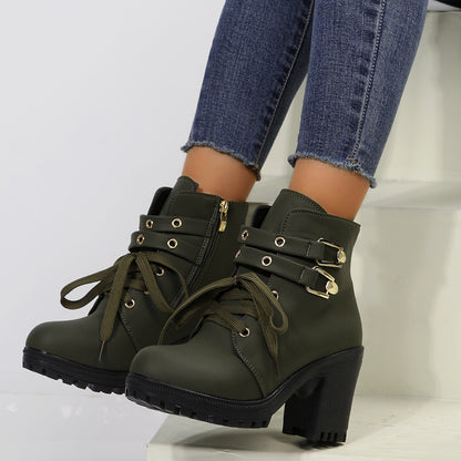 PREORDER PU Leather Round Toe Block Heel Boots