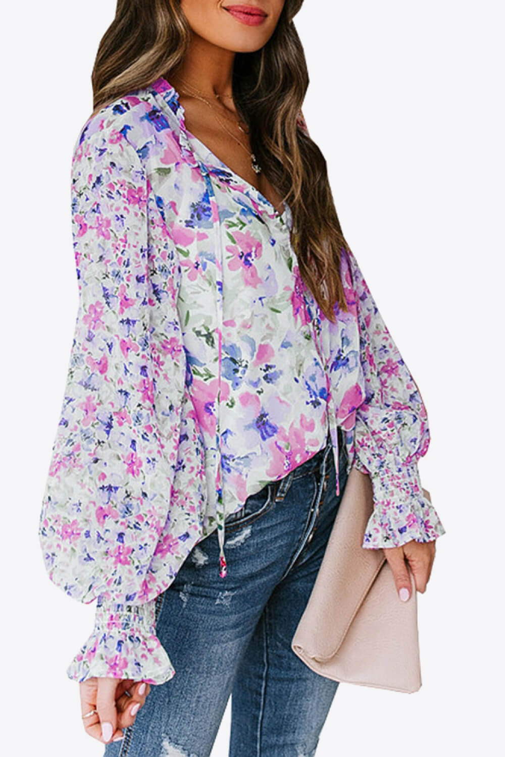 Cara Floral Buttoned Lantern Sleeve Blouse- 1 size Small/Blush Pink left! FINAL SALE!