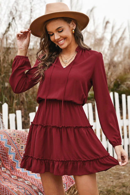 PREORDER Tied Frill Trim Puff Sleeve Mini Dress