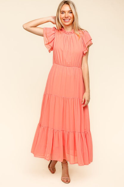 Tiered Frill Mock Neck Short Sleeve Dress