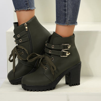 PREORDER PU Leather Round Toe Block Heel Boots