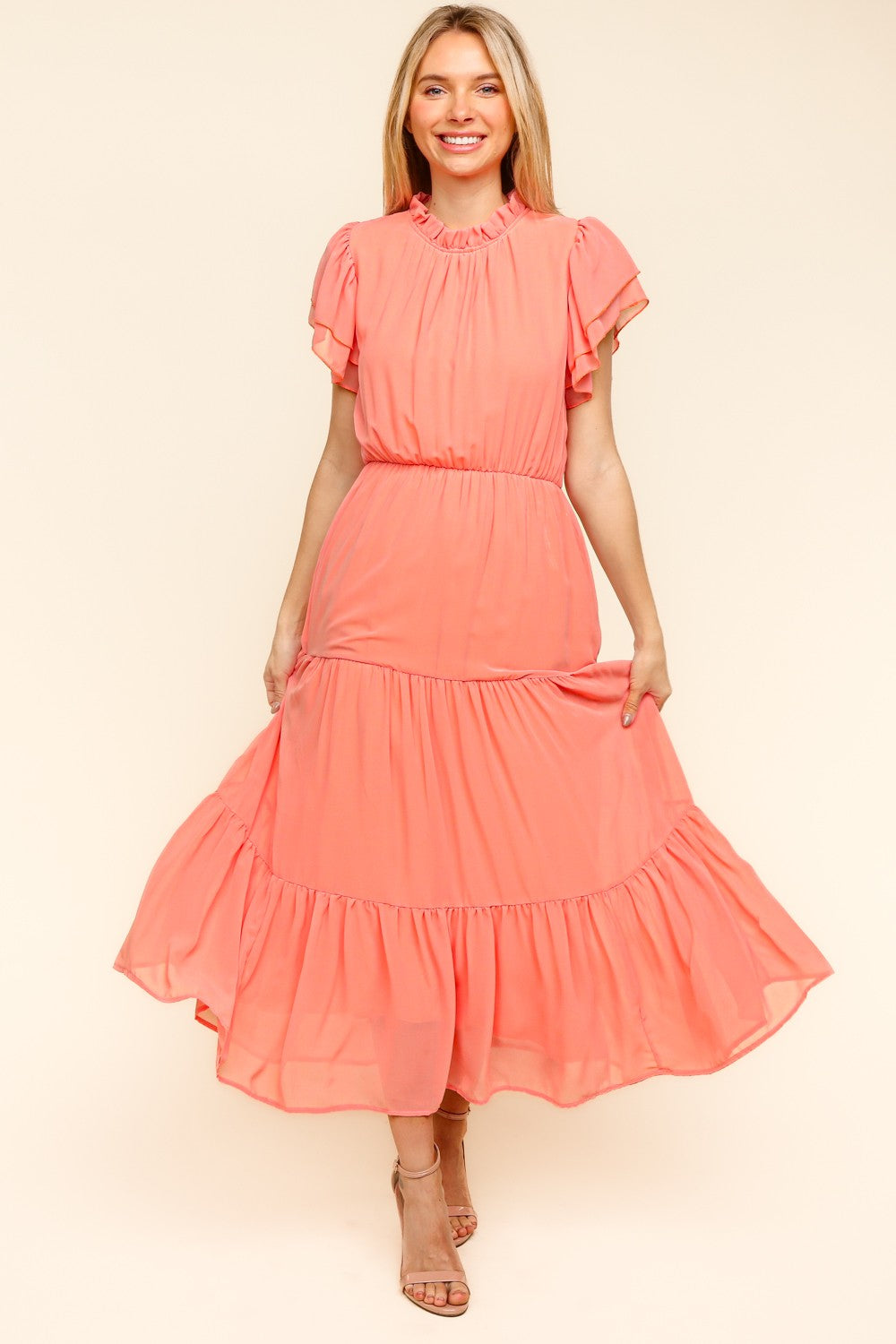 Tiered Frill Mock Neck Short Sleeve Dress