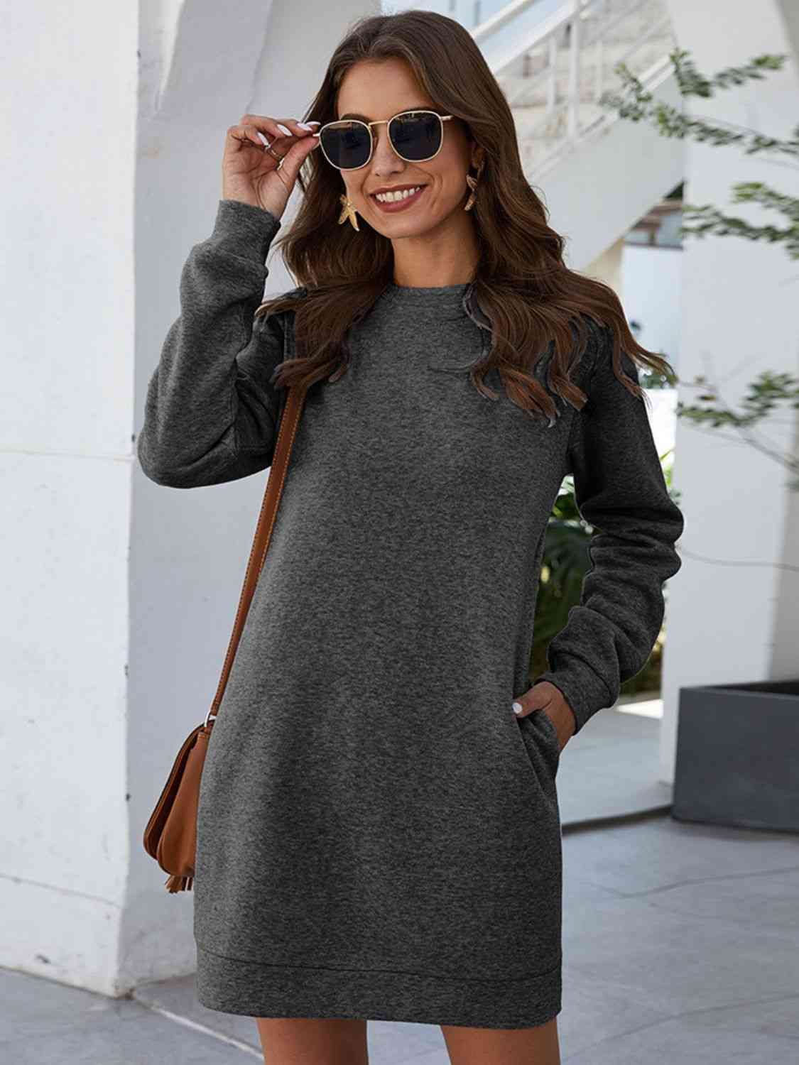 Millie Round Neck Long Sleeve Mini Dress with Pockets- 1 size Medium/Charcoal left! FINAL SALE!