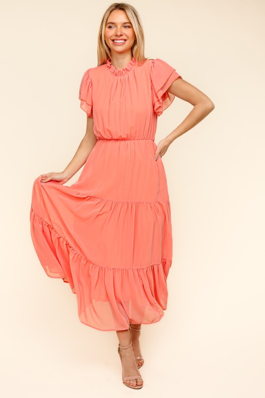 Tiered Frill Mock Neck Short Sleeve Dress