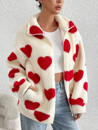 PREORDER Heart Zip Up Drop Shoulder Furry Jacket