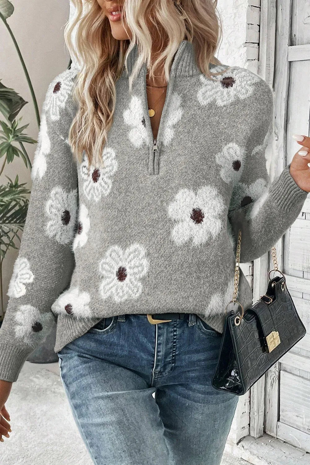 PREORDER Flower Half Zip Long Sleeve Sweater