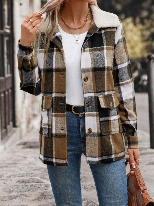 PREORDER Perfee Pocketed Plaid Button Up Collared Neck Jacket