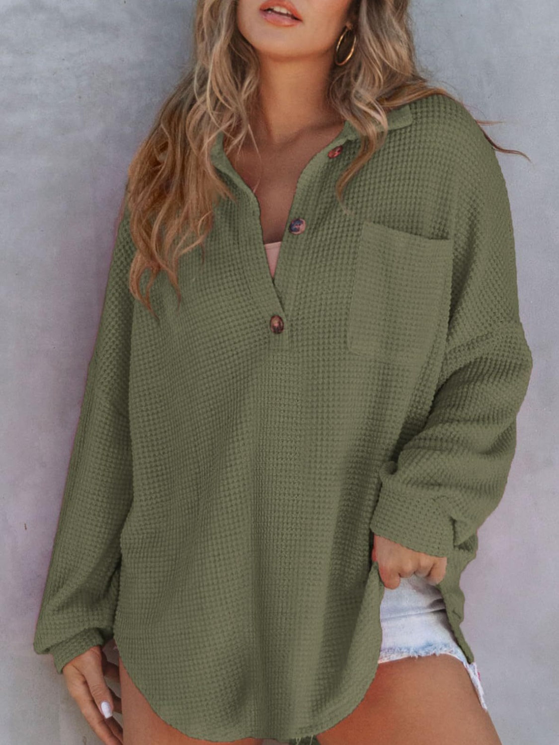 PREORDER Waffle-Knit Dropped Shoulder Long Sleeve Sweatshirt