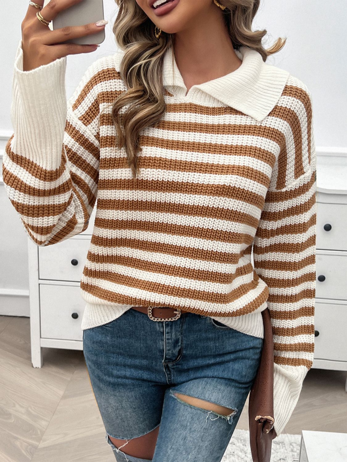 PREORDER Devine Striped Collared Neck Long Sleeve Sweater