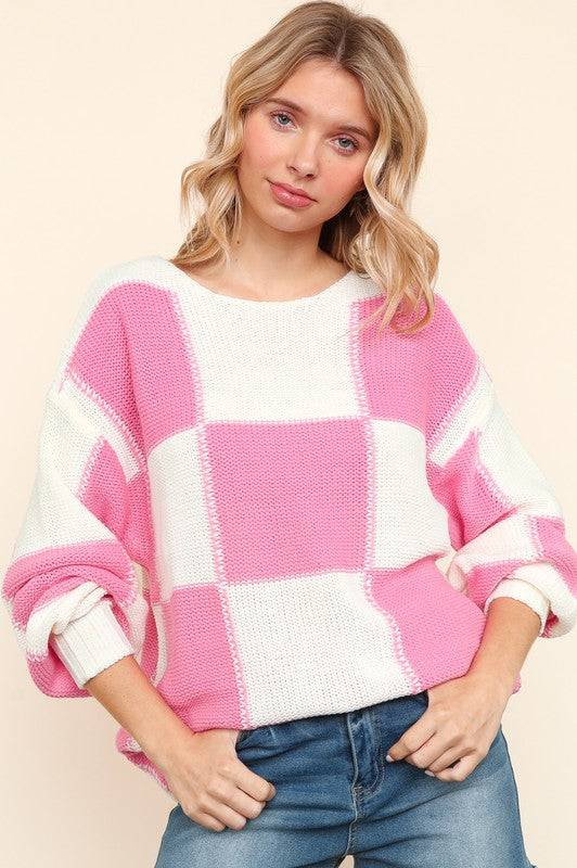 Checkered Round Neck Drop Shoulder Sweater