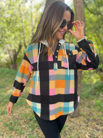 PREORDER: Rainbow Plaid Button Hoodie