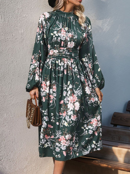 PREORDER Perfee Ruched Printed Mock Neck Long Sleeve Midi Dress